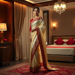 A Thai model, emanating allure and elegance, is dressed in an elegant mekhela chadar of cream and red, complemented by a red blouse and high heels