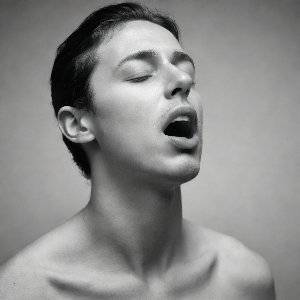 A thought-provoking image of a person breathing solely through their mouth, explicitly without a nose, emphasizing the movement of the chest and the open mouth drawing in air.