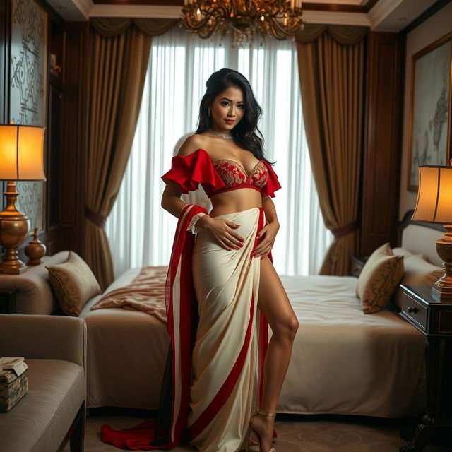 A striking Thai model with an alluring figure, wearing an elegant cream and red Mekhela Chadar with a vibrant red blouse, a sophisticated bra, and stylish high heels