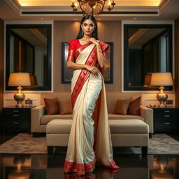 A stunning Thai supermodel, showcasing her allure, wears an elegant mekhela chadar in muga, cream, and red with a striking red blouse