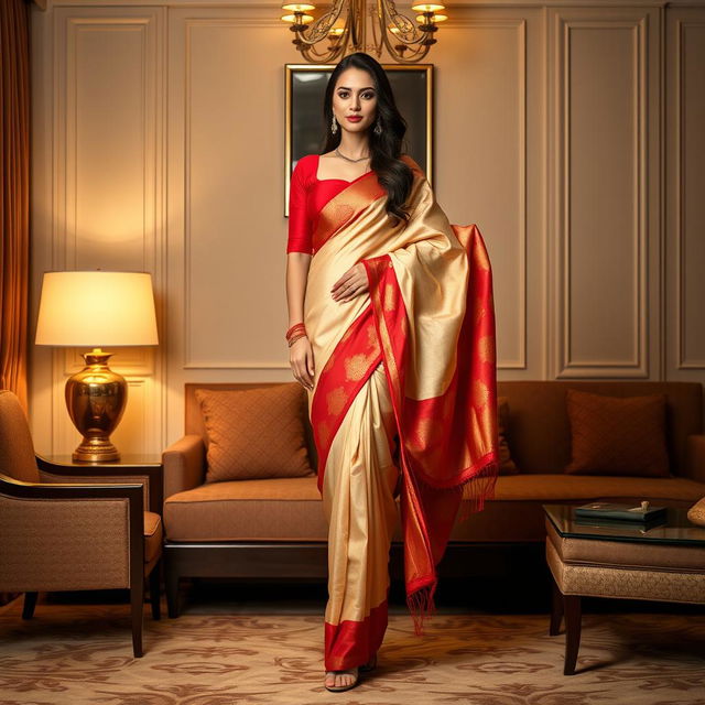 A stunning Thai supermodel, showcasing her allure, wears an elegant mekhela chadar in muga, cream, and red with a striking red blouse