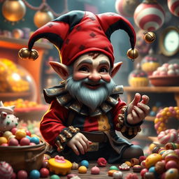 A realistic Dungeons & Dragons-style gnome with a vibrant harlequin persona