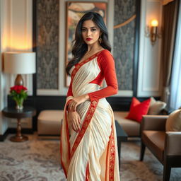 A stunning Thai supermodel with an alluring figure, wearing an elegant cream and red Mekhela Chadar along with a bold red blouse and high heels, poses in a stylish OYO room