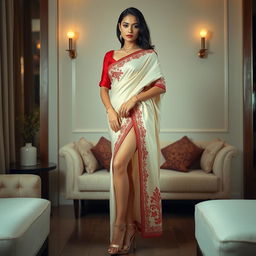 A stunning Thai supermodel with an alluring figure, wearing an elegant cream and red Mekhela Chadar along with a bold red blouse and high heels, poses in a stylish OYO room