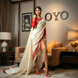 A stunning Thai supermodel with an alluring figure, wearing an elegant cream and red Mekhela Chadar along with a bold red blouse and high heels, poses in a stylish OYO room