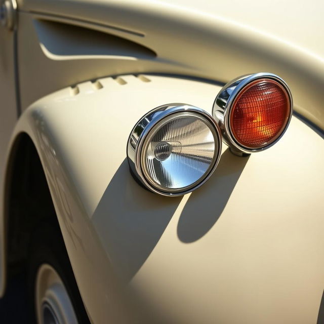 A close-up view of a Citroën 2CV showcasing both the turn lights and signal lights on the fender