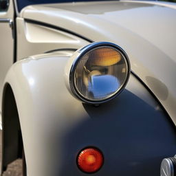 A close-up view of a Citroën 2CV showcasing both the turn lights and signal lights on the fender