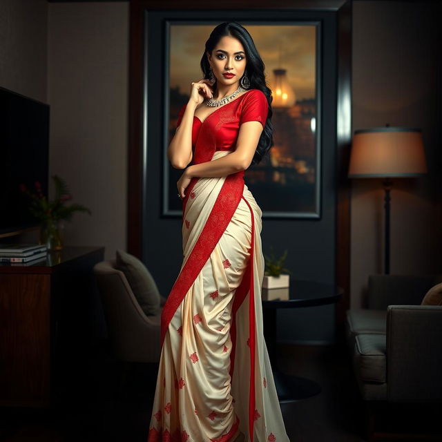 A striking Thai supermodel with an alluring figure, elegantly adorned in a cream and red Mekhela Chadar, featuring a vibrant red blouse and sophisticated high heels