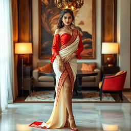 A striking Thai supermodel with an alluring figure, elegantly adorned in a cream and red Mekhela Chadar, featuring a vibrant red blouse and sophisticated high heels