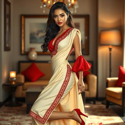 A striking Thai supermodel with an alluring figure, elegantly adorned in a cream and red Mekhela Chadar, featuring a vibrant red blouse and sophisticated high heels