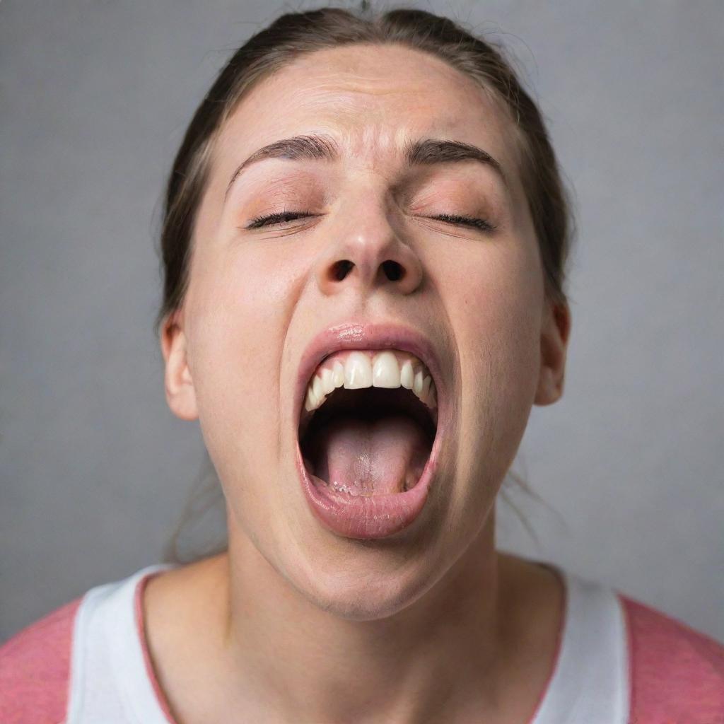 A compelling image of an individual with their mouth wide open, showcasing the tongue extended out, in a moment of expression or surprise.