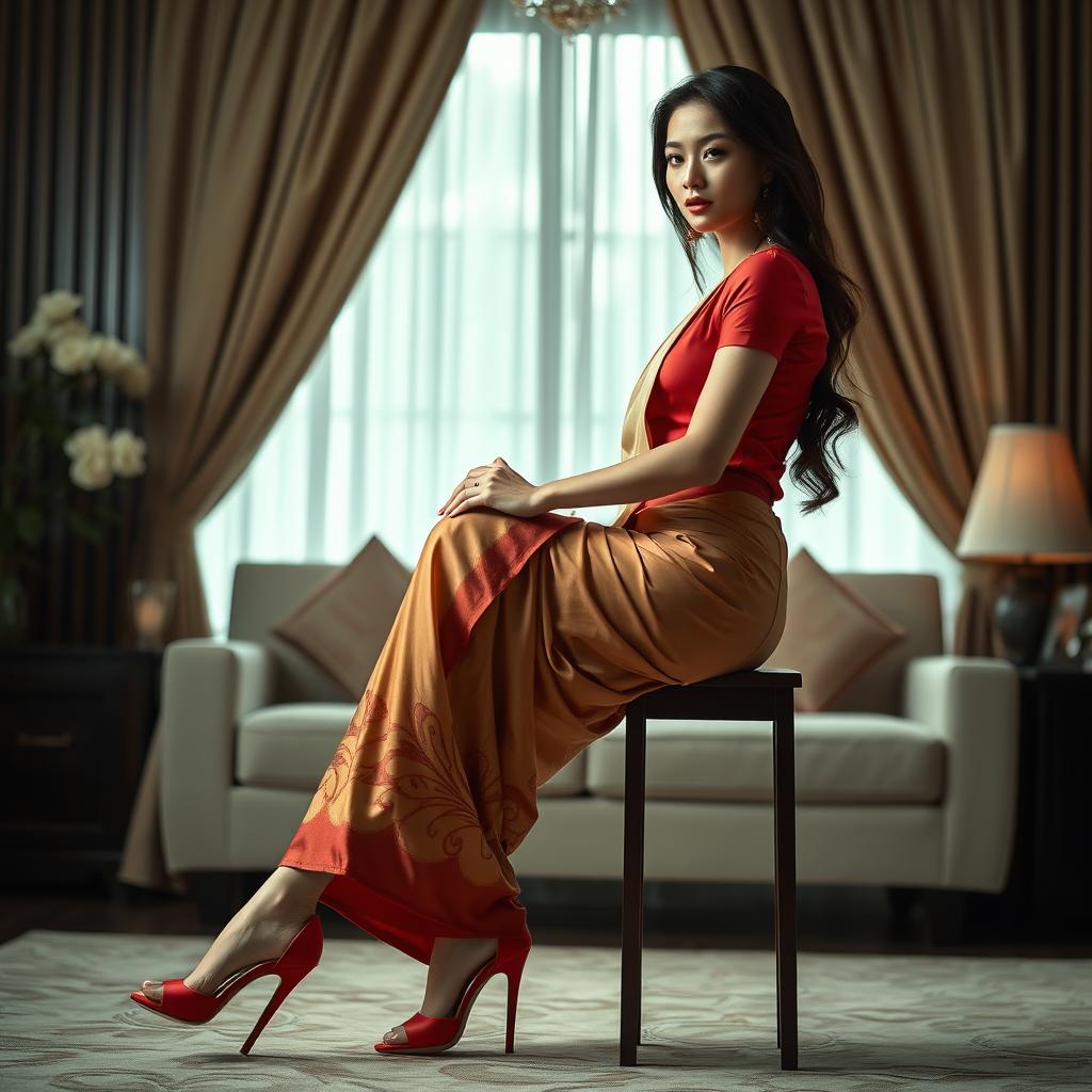 A striking Thai supermodel with an alluring figure, elegantly adorned in a muga, cream, and red Mekhela Chadar, featuring a vibrant red blouse and sophisticated high heels