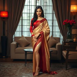 A striking Thai supermodel with an alluring figure, elegantly adorned in a muga, cream, and red Mekhela Chadar, featuring a vibrant red blouse and sophisticated high heels