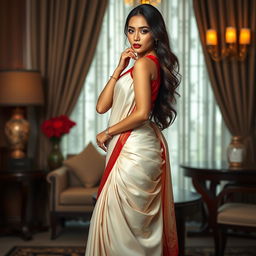 A striking Thai supermodel with an alluring figure, elegantly adorned in a muga, cream, and red Mekhela Chadar, featuring a vibrant red blouse and sophisticated high heels