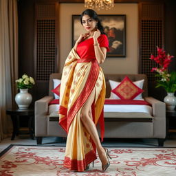 A striking Thai supermodel with an alluring figure, elegantly adorned in a muga, cream, and red Mekhela Chadar, featuring a vibrant red blouse and sophisticated high heels