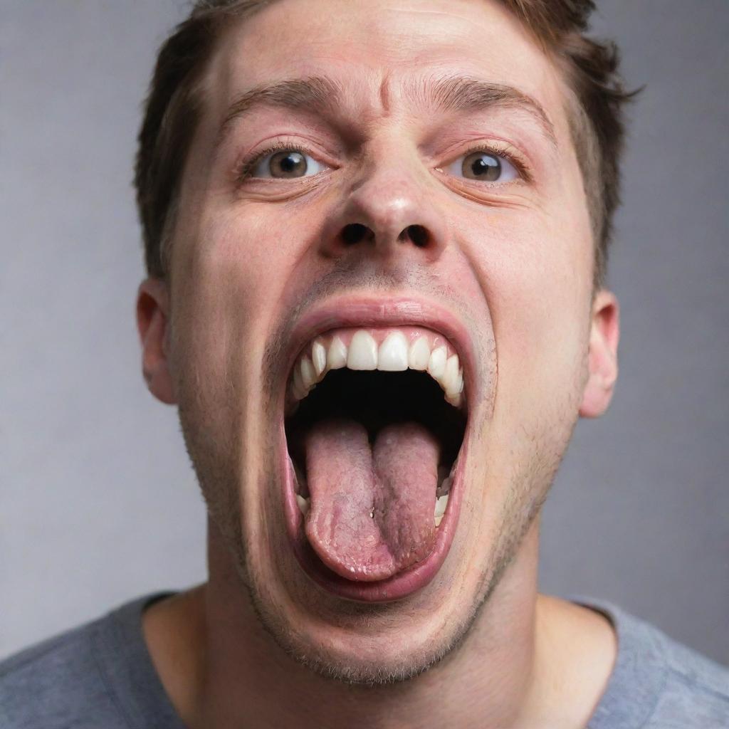 A compelling image of an individual with their mouth wide open, showcasing the tongue extended out, in a moment of expression or surprise.