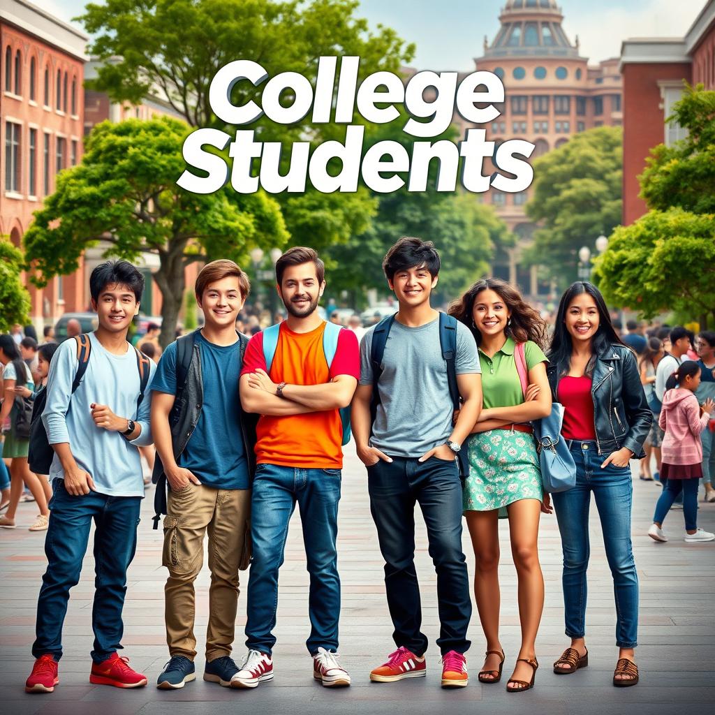 A dynamic and engaging movie poster for a TV show titled 'College Students,' featuring a group of five vibrant characters: three boys and two girls