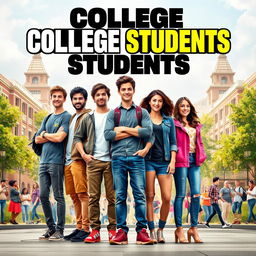 A dynamic and engaging movie poster for a TV show titled 'College Students,' featuring a group of five vibrant characters: three boys and two girls