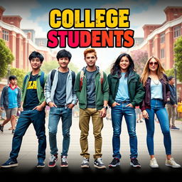 A dynamic and engaging movie poster for a TV show titled 'College Students,' featuring a group of five vibrant characters: three boys and two girls