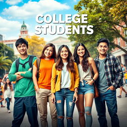 A dynamic and engaging movie poster for a TV show titled 'College Students,' featuring a group of five vibrant characters: three boys and two girls