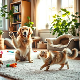 A harmonious and whimsical scene featuring a dog and a cat peacefully coexisting in a beautifully decorated living room