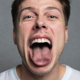 A compelling image of an individual with their mouth wide open, showcasing the tongue extended out, in a moment of expression or surprise.