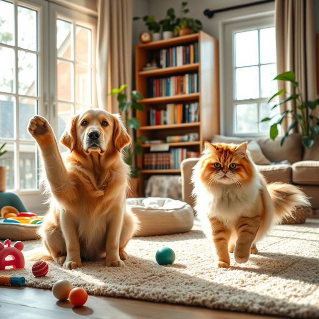 A harmonious and whimsical scene featuring a dog and a cat peacefully coexisting in a beautifully decorated living room