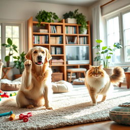 A harmonious and whimsical scene featuring a dog and a cat peacefully coexisting in a beautifully decorated living room