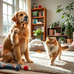 A harmonious and whimsical scene featuring a dog and a cat peacefully coexisting in a beautifully decorated living room