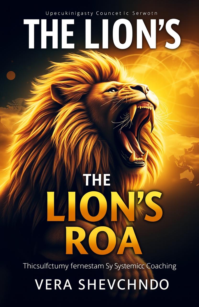 A powerful and dynamic cover design for "The Lion's Roar: Unleashing Transformative Leadership through Systemic Coaching" by Vera Shevchenko