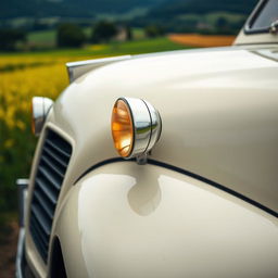 An artistic image of a Citroën 2CV highlighting the signal lights mounted on the top of the fender