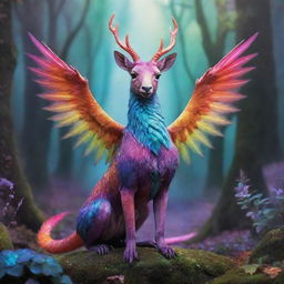 A magical creature, coined a 'Bipme', with brilliant colors and mystical aura in a fantastical setting.