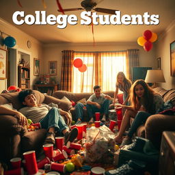 A lively and chaotic movie poster for the TV show titled 'College Students,' depicting the aftermath of a massive party