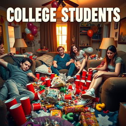 A lively and chaotic movie poster for the TV show titled 'College Students,' depicting the aftermath of a massive party