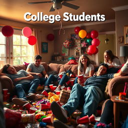 A lively and chaotic movie poster for the TV show titled 'College Students,' depicting the aftermath of a massive party