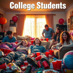 A lively and chaotic movie poster for the TV show titled 'College Students,' depicting the aftermath of a massive party