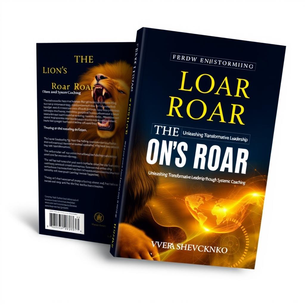 A powerful and dynamic cover design for "The Lion's Roar: Unleashing Transformative Leadership through Systemic Coaching" by Vera Shevchenko