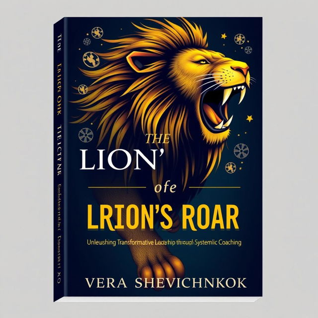 A powerful and dynamic cover design for "The Lion's Roar: Unleashing Transformative Leadership through Systemic Coaching" by Vera Shevchenko