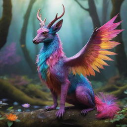 A magical creature, coined a 'Bipme', with brilliant colors and mystical aura in a fantastical setting.