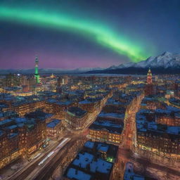 A majestic cityscape aglow with magical auroras, enchanting neon lights, and fantastical architectures.