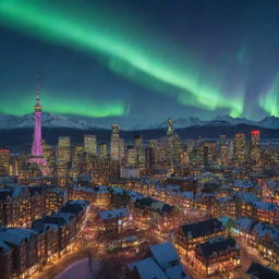 A majestic cityscape aglow with magical auroras, enchanting neon lights, and fantastical architectures.