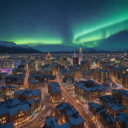 A majestic cityscape aglow with magical auroras, enchanting neon lights, and fantastical architectures.