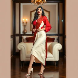 A confident model in a muga, cream, and red Mekhela Chadar with a red blouse, posed elegantly in a luxurious room