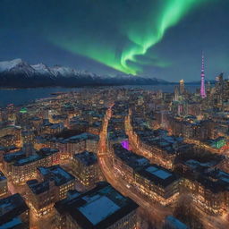 A majestic cityscape aglow with magical auroras, enchanting neon lights, and fantastical architectures.