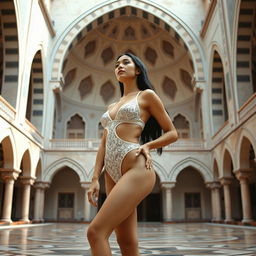 A stunning woman in a beautiful two-piece swimsuit, artistically blending modesty and allure, set in the courtyard of a majestic mosque