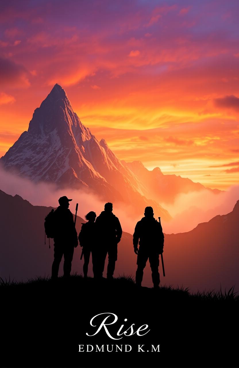 Four silhouetted adventurers standing on a ridge, gazing intently toward a majestic and mystical mountain on the horizon