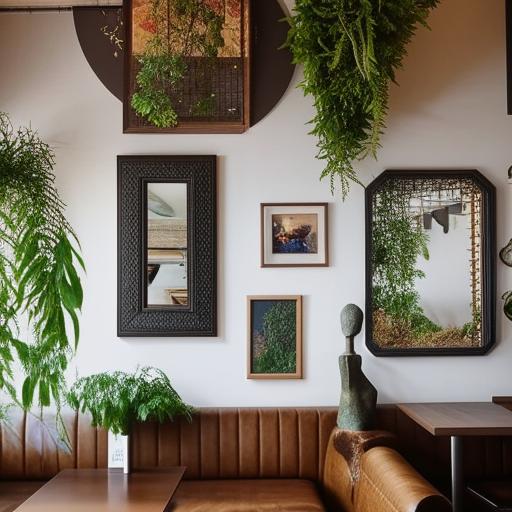 A restaurant interior wall adorned with eclectic and tasteful decor. Pieces include vintage framed paintings, stylish mirrors, hanging plants, and unique wall-mounted sculptures, creating a visually compelling and intimate dining atmosphere.