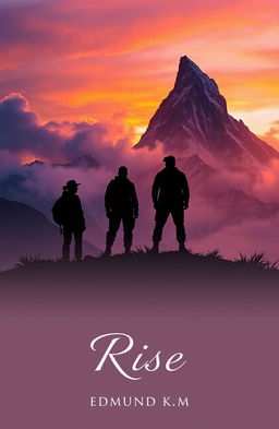 Four silhouetted adventurers standing on a ridge, gazing intently toward a majestic and mystical mountain on the horizon