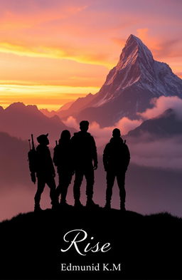 Four silhouetted adventurers standing on a ridge, gazing intently toward a majestic and mystical mountain on the horizon