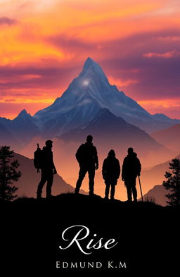 Four silhouetted adventurers standing on a ridge, gazing intently toward a majestic and mystical mountain on the horizon